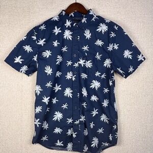 Caliville Shirt Mens Med Navy Blue Palm Printed Button -up Front Short Sleeve